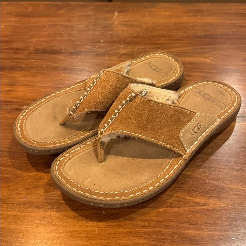 UGG Layback Flip Flop Suede Chestnut Brown Tan Kids Size 3 Sandal Shearling